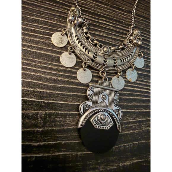 Silver-Tone Ethnic Tribal Style Necklace with a Black Stone Pendant - Picture 3 of 5